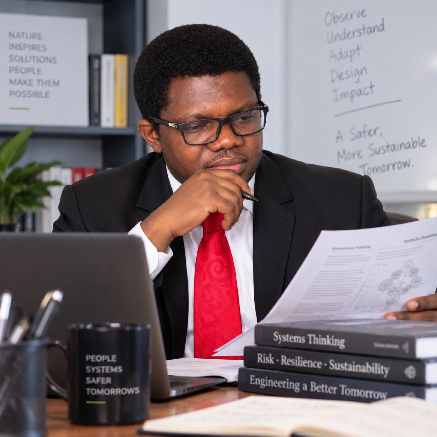 Dr Julius Akpong reviewing systems-thinking material at his desk
