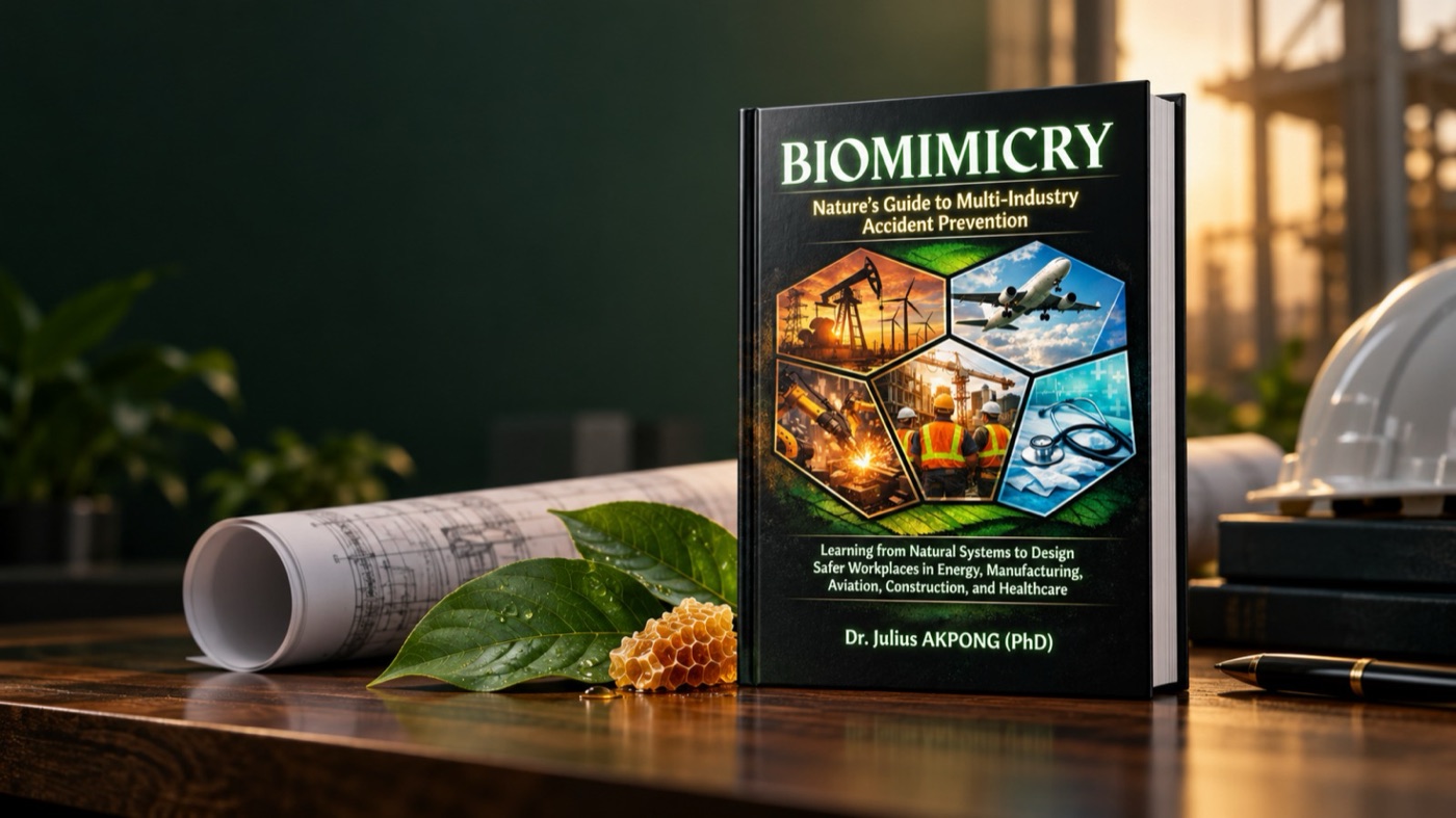 Biomimicry standing on a desk beside a leaf and honeycomb