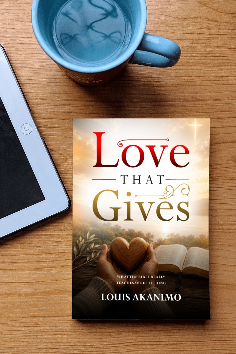 Love That Gives on a desk with tea and a tablet